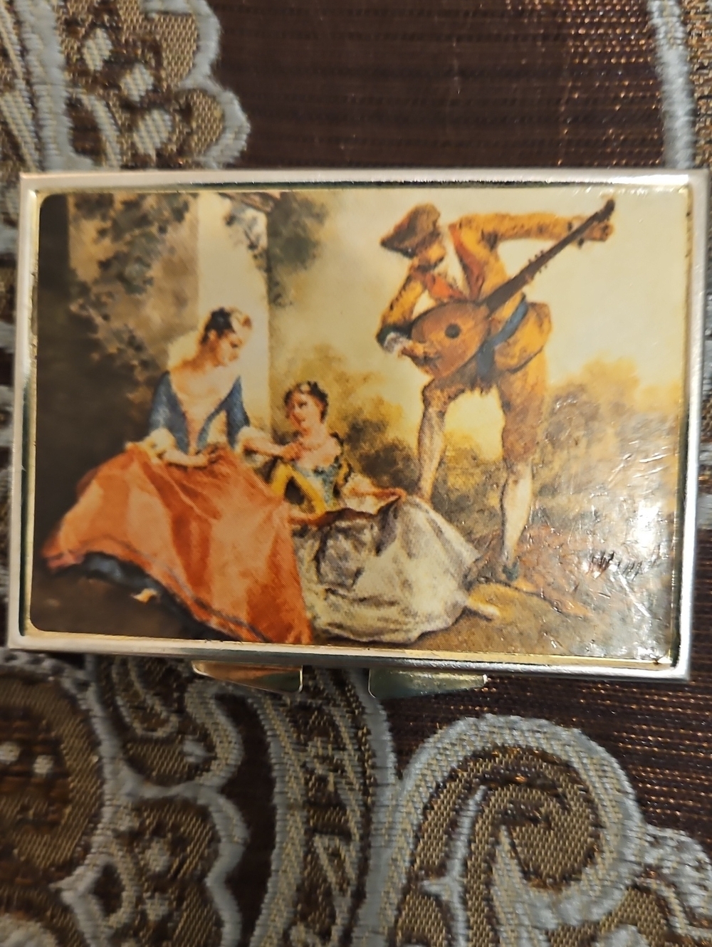 Vintage Romantic Scene Decorative PILL Box in Cream, Brown and Gold.